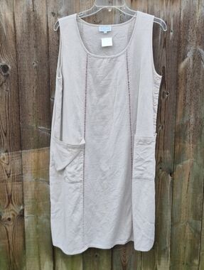 Vintage Linen Blend Light Beige Sleeveless Pocket Shift Dress